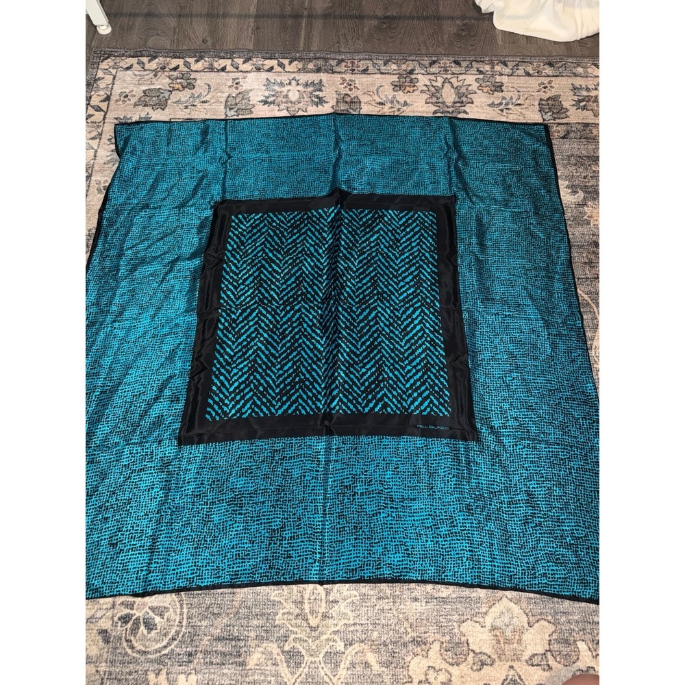 Vintage Silk Bill Blass Scarf Teal Blue Retro Pattern
